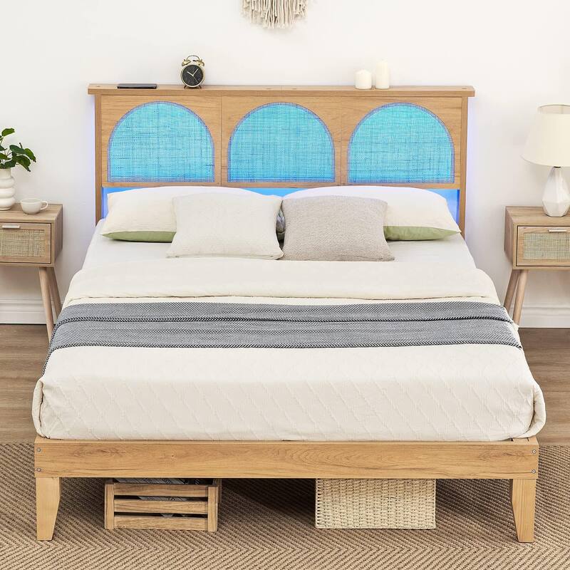 Bed Frame with Natural Rattan Headboard