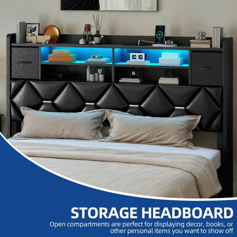 Moasis Upholstered Bed Frame with Storage Headboard And Charging Station and LED Light