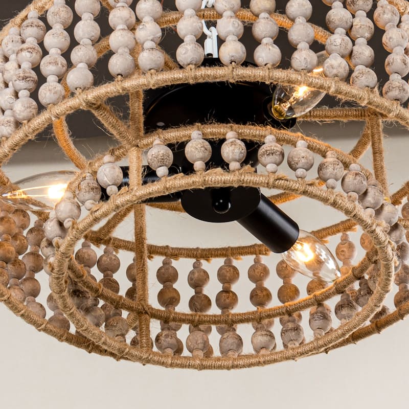 Farmhouse 3-Light Antique White Two-Tier Beaded Drum Flush Mount Ceiling Light - 15.75-in W