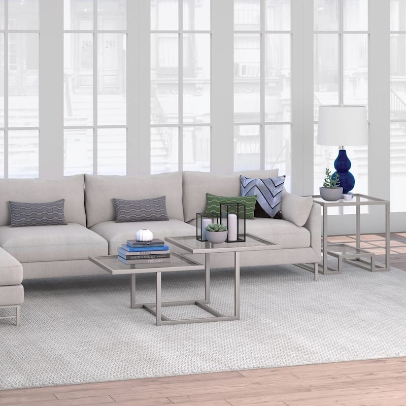 43" Contemporary Square Coffee Table with Glass Top and 2 Shelves Stylish Steel Base for Living Rooms - 43"L x 23"W x 18"H