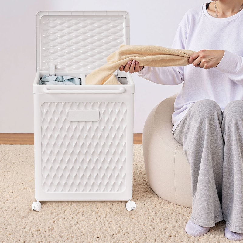 Javlergo White Rolling Laundry Hamper with Lid & Brakes 100L Dual Compartment Plastic Storage Cart with Wheels for Bathroom