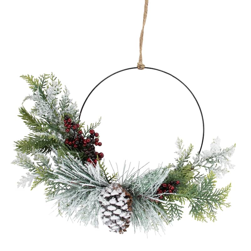 Frosted Mixed Foliage with Berries and Pinecone Artificial Christmas Wreath 16-Inch Unlit - 16"