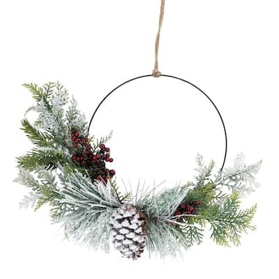 Mixed Foliage Frosted Pinecones Berries Artificial Wreath 16"