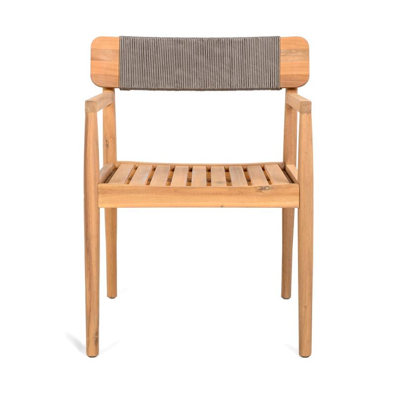 Roomfitters 4-Piece Outdoor Braided Acacia Wood Chairs Teak Look and Rope Weave Armchairs for Garden Backyard Poolside