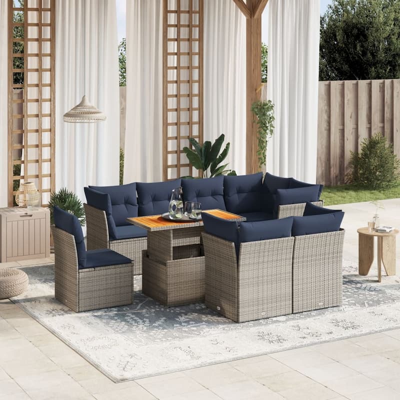 vidaXL 9 Piece Patio Sofa Set with Cushions Gray Poly Rattan - 24.4" x 24.4" x 27.2"