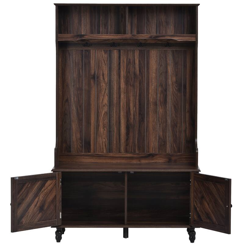 Modern Hall Tree, Entryway Bench with 2 Open Storage Shelves, 4 Metal Double Hooks, for Entrance and Hallway