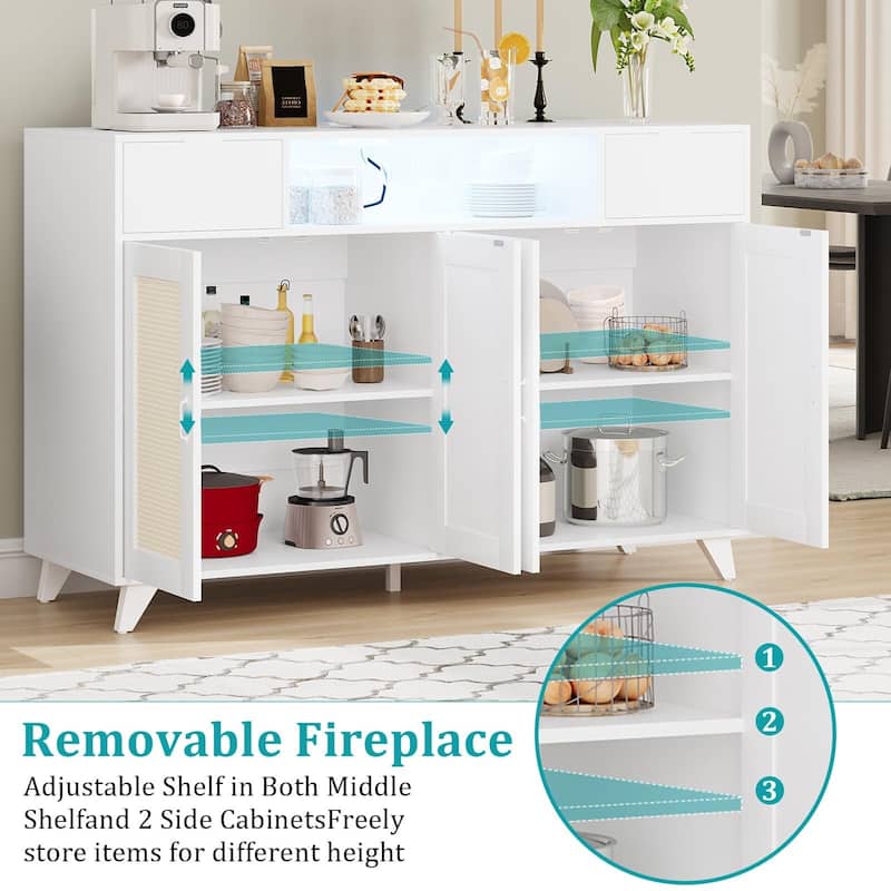 Sideboard Buffet Cabinet, 4 Rattan Doors 2 Drawers Accent Storage Cabinet