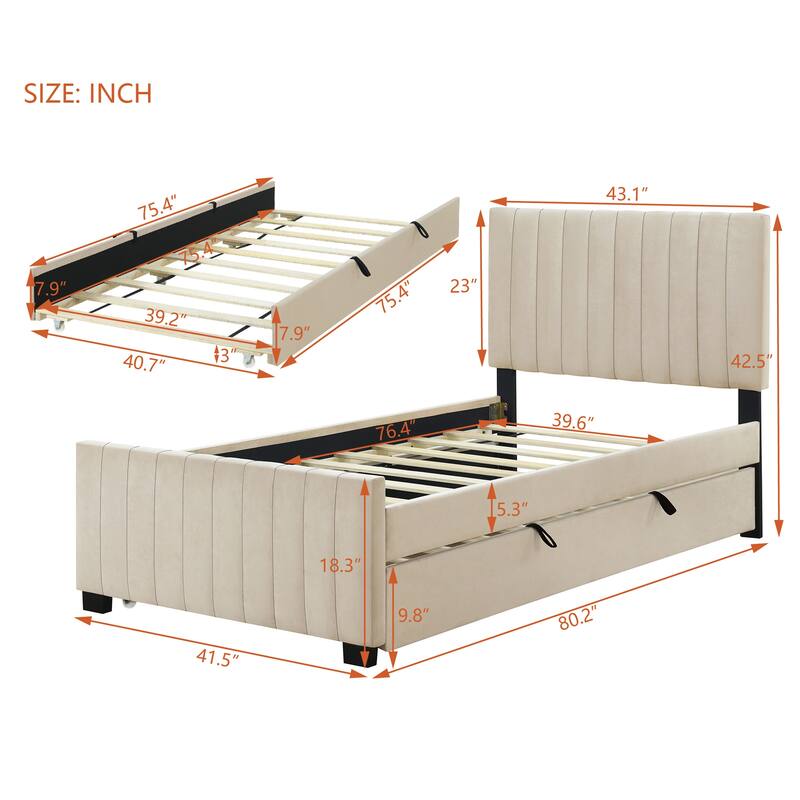 Twin Size Velvet Upholstered Platform Bed with Trundle, Beige