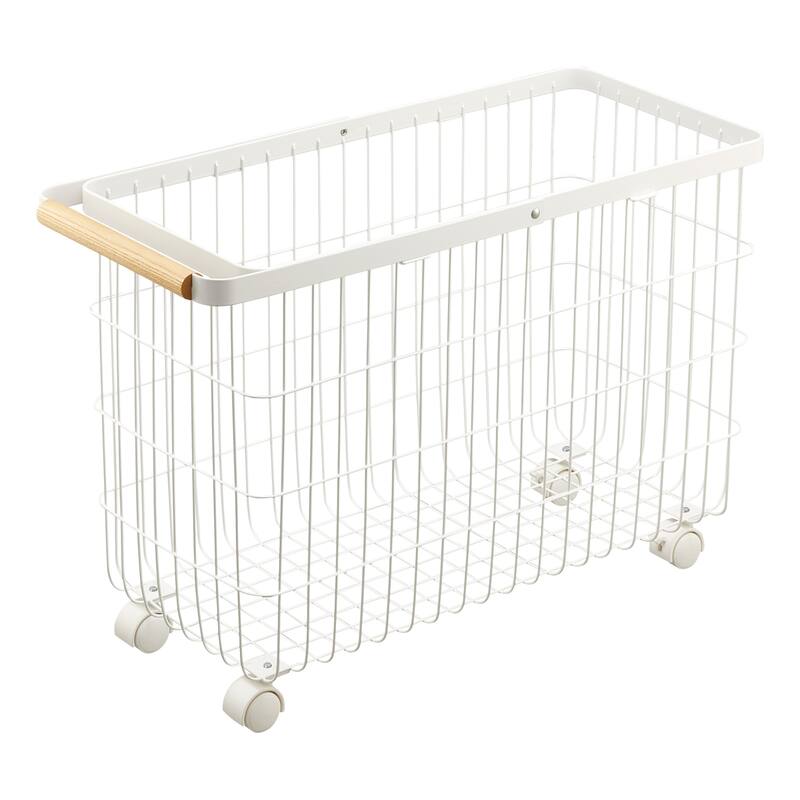Yamazaki Home Rolling Wire Basket, Steel and Wood, 9.2 gallons, 35L, Holds 11 lbs - L 9.84 x W 21.85 x H 14.76 inches