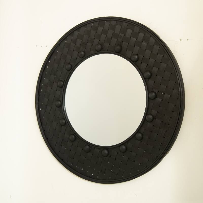Solea Hand-Woven Black Bamboo Circle Mirror - Wall-Hanging, Bathroom, Bedroom - Black,Silver