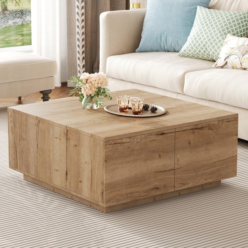 Square Coffee Table Modern Center Table with 4 Drawers, Cocktail Table Natural End Table for Living Room