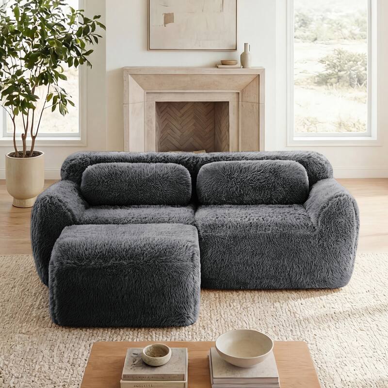 Homy Casa Modular Sectional Sofa, Dark Grey Plush Fabric with Non-Slip Base, No Assembly Living Room Couch with Pillows
