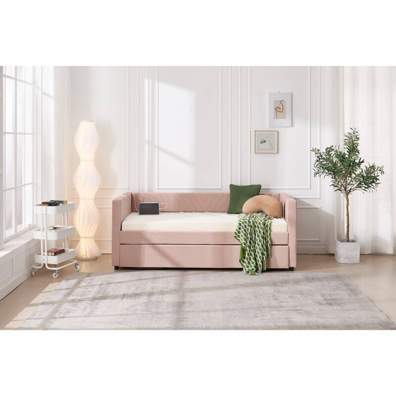 Twin Size Velvet Daybed with Trundle, USB Charging Port & Side Pockets, Modern Upholstered Sofa Bed with V-Pattern Backrest