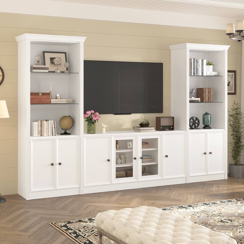 128" Wall Unit Entertainment Center with Bookshelves, Wood Media Console TV Storage Cabinets with Glass Doors for TVs up to 80"