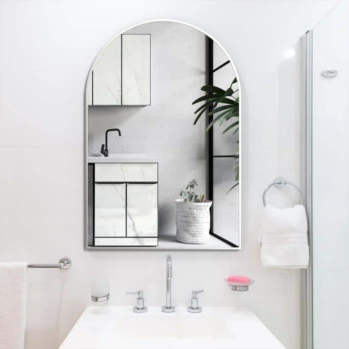 24x36 Inch Metal Framed Arched Bathrrom Mirror - Silver