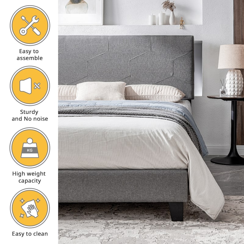 Queen Size Upholstered Platform Bed, Heavy Duty Metal Platform Bed Frame with Wood Slat Support