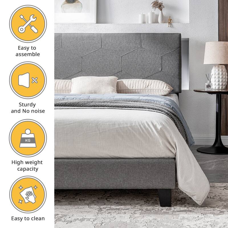 Queen Size Upholstered Platform Bed Frame, Wood Slat Support, Easy Assembly, Grey