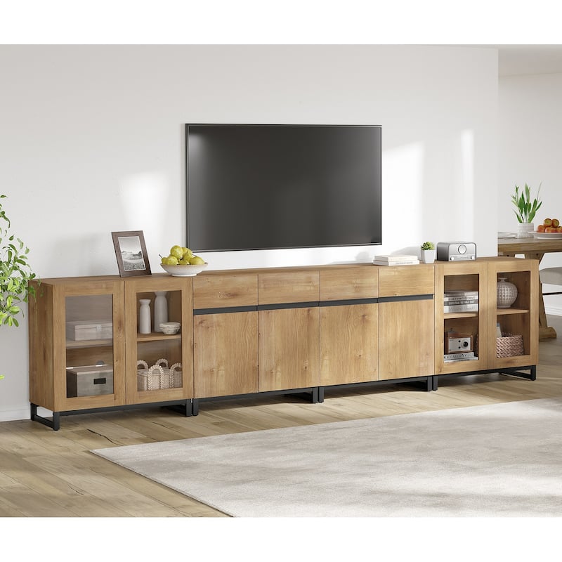 4-in-1 TV Stand for 120" TVs, Entertainment Center with Glass Doors & Metal Legs - 126 inches - Oak