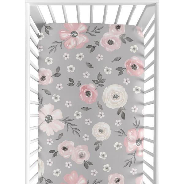 slide 2 of 6, Grey Watercolor Floral Collection Girl Fitted Crib Sheet - Blush Pink Gray and White Shabby Chic Rose Flower Farmhouse