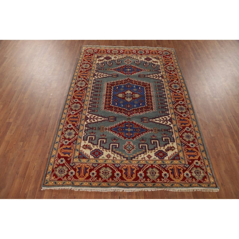 Geometric Heriz Serapi Indian Area Rug Hand-Knotted Blue Wool Carpet - 6'0" x 9'0"