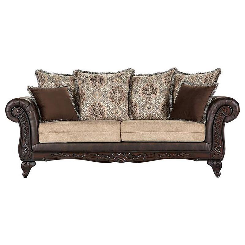 Miva Sofa 93 Inch w Pillows, Classic Rolled Arms, Brown Faux Leather
