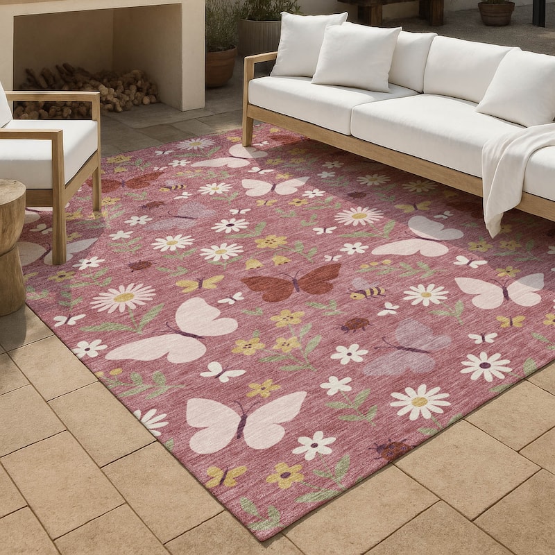 Machine Washable Indoor/ Outdoor Whimsy Butterfly Chantille Rug - Mauve - 5' x 7'6"