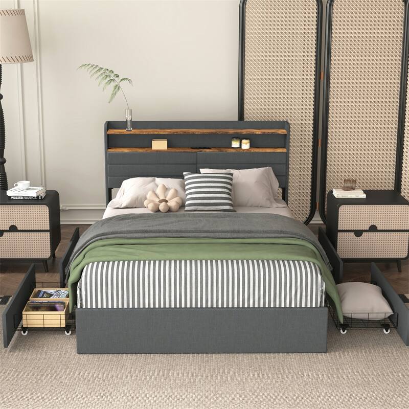 Full/Queen Size LED Upholstered Platform Bed w/ Drawers,Charging Station - Queen