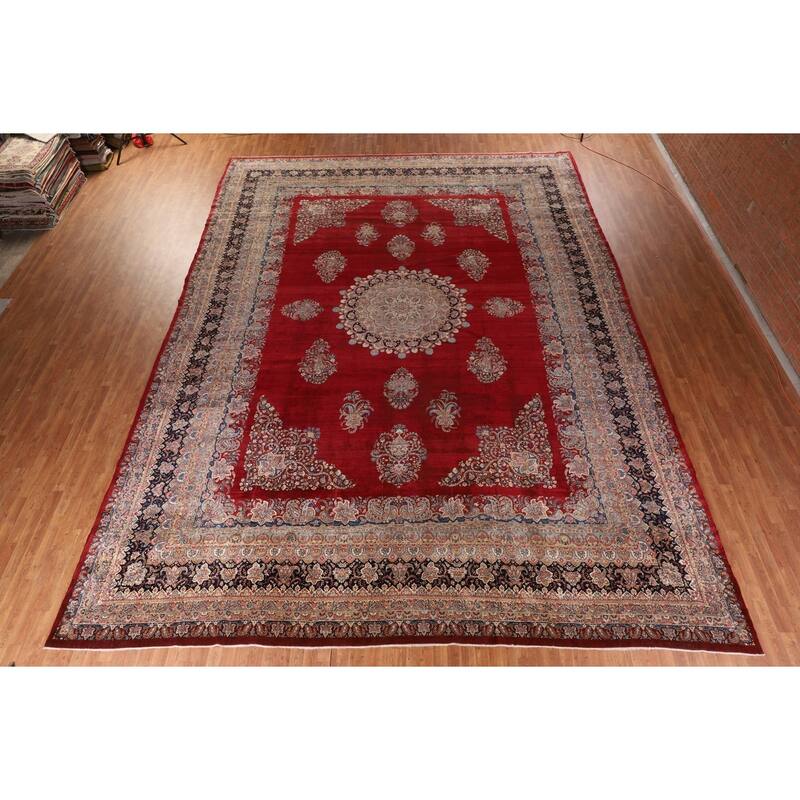 Pre-1900 Antique Kerman Ravar Persian Large Red Handmade Wool Carpet - 14'2"x 19'0"