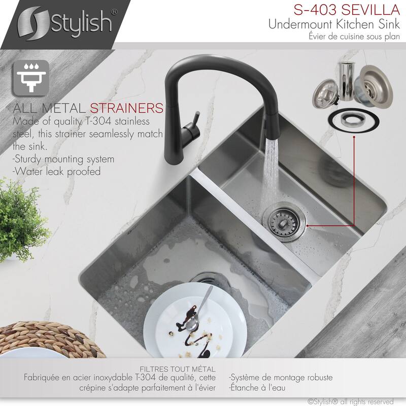 stylish 28 inches L x 18 inches W Double Bowl 60/40 Reversible Undermount Stainless Steel Kitchen Sink with Strainers