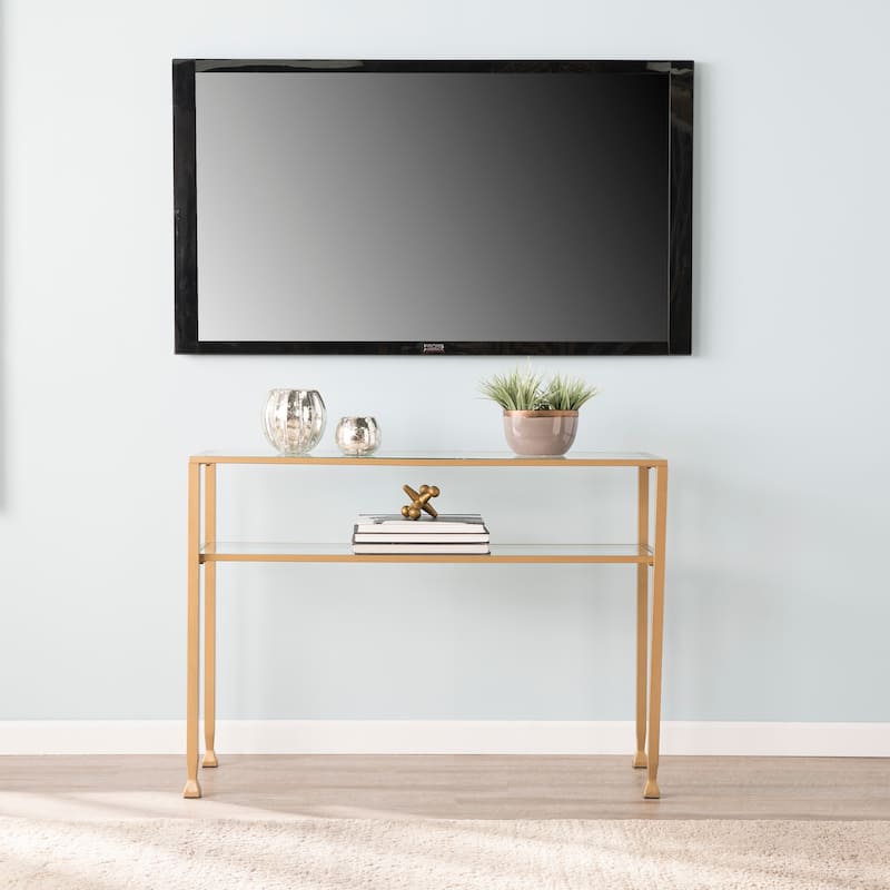 SEI Furniture Price Matte Gold Metal Console Table with Shelf and Tempered Glass