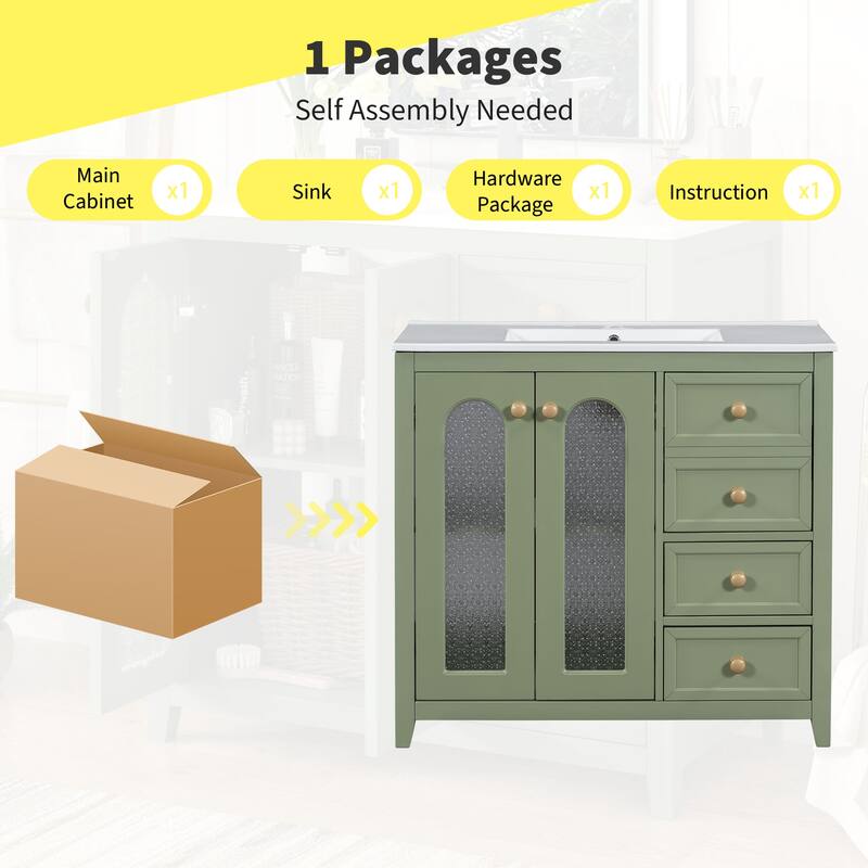 Bathroom Vanity with Ceramic Sink, Bathroom Cabinet with 2 Glass Door and 3 Drawers, Vanity Set with Adjustable Shelf