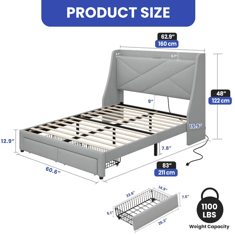 Queen Wingback Bed Frame with Drawer and USB Charging