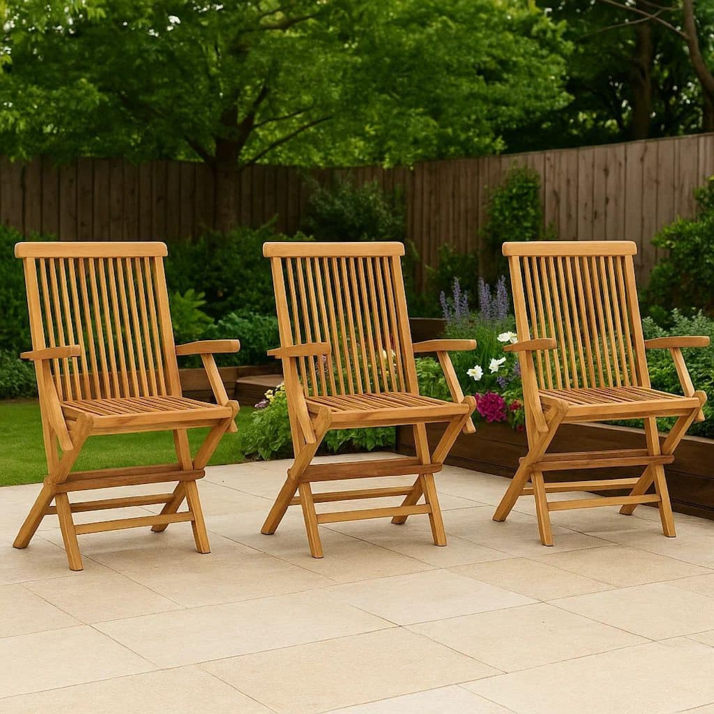 Foldable Outdoor Lounge Chair Set of 3, Slatted Back, Brown Teak Wood