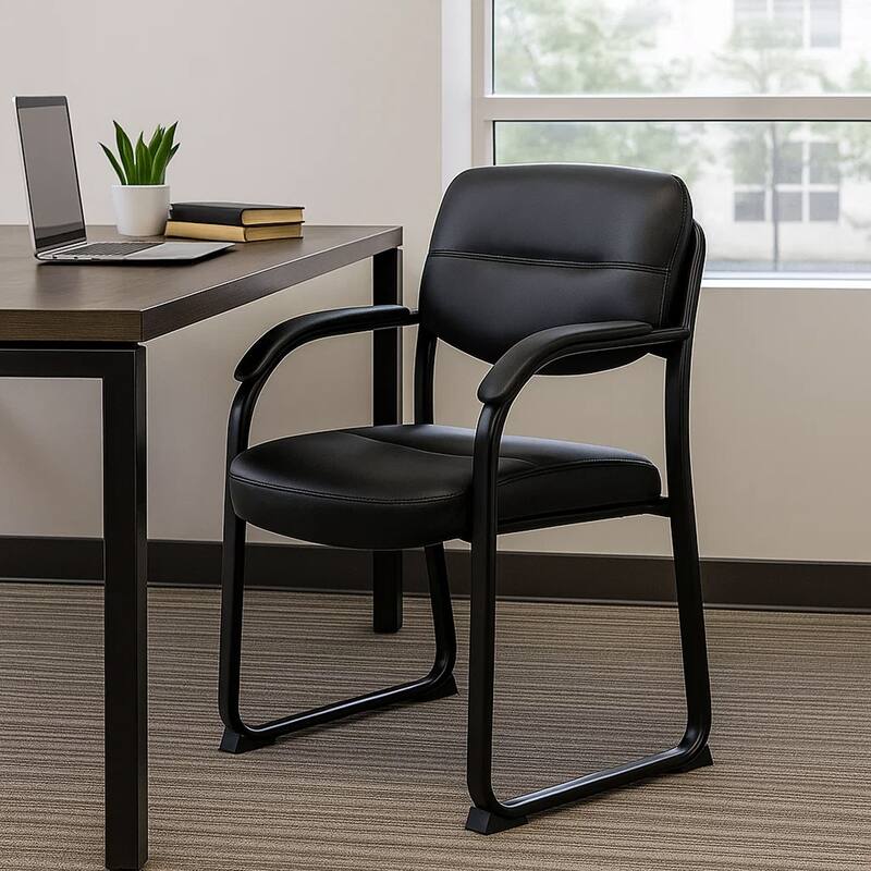 Eva Reception Armchair, Sled Base, Curved Steel Arms, Black Faux Leather