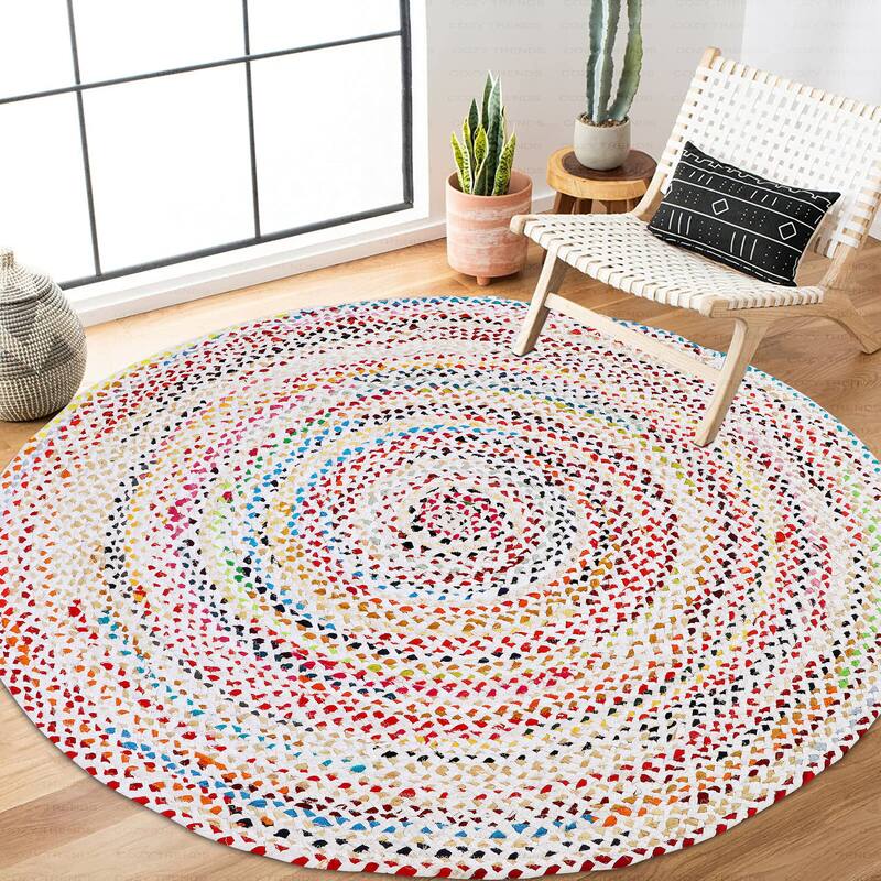 Handmade Flatweave Cotton Ivory | Multi Reversible Traditional Boho Area Rug for Living Room, Kitchen, Bedroom Home Decoration - 5' Round - 5' Round
