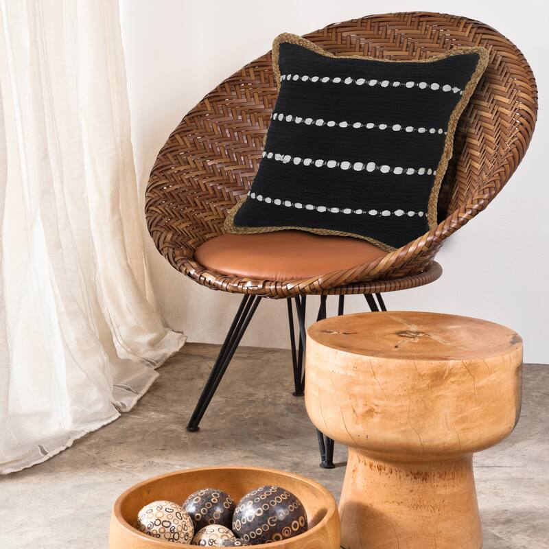 Sevita Black and White Striped Jute Bordered Throw Pillow