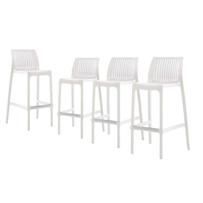 HomeRoots Set of Four 30" White Heavy Duty Plastic Low Back Outdoor Bar Height Chairs