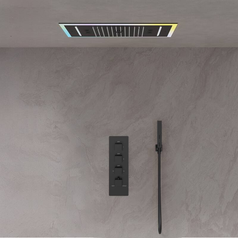 GRANDJOY Thermostatic Triple-Function LED Rain and Waterfall Shower System with Handheld and Built-In Music