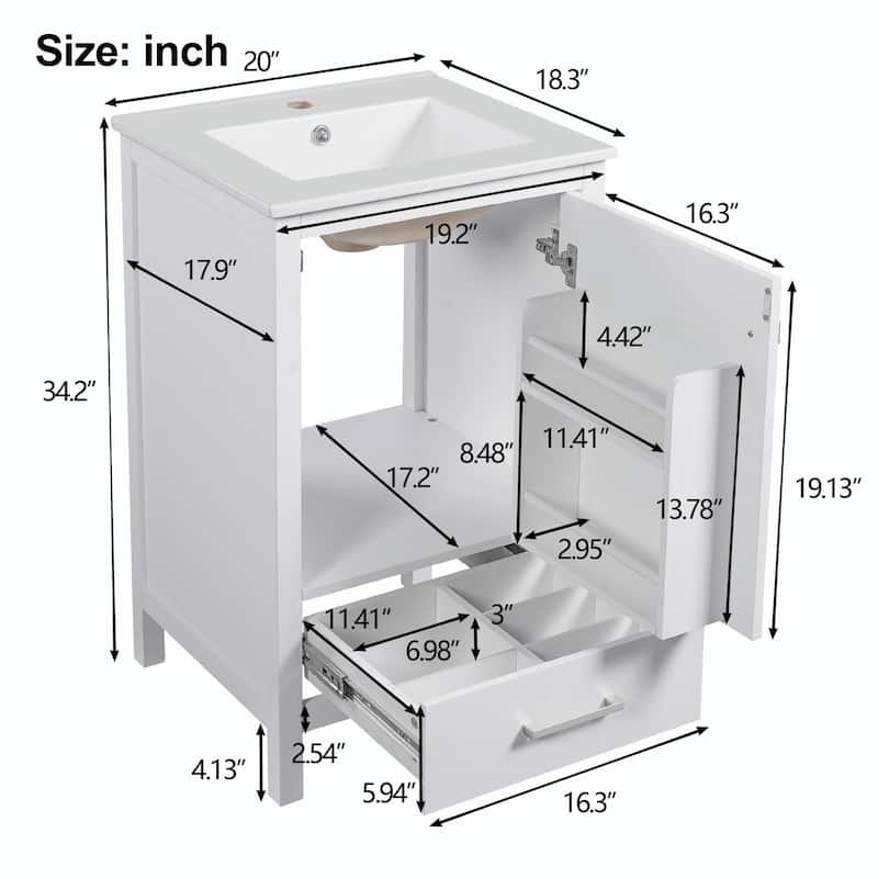 Modern Bathroom Vanity with Ceramic Sink - Soft-Close Drawers, Door Organizer, Divider Drawer