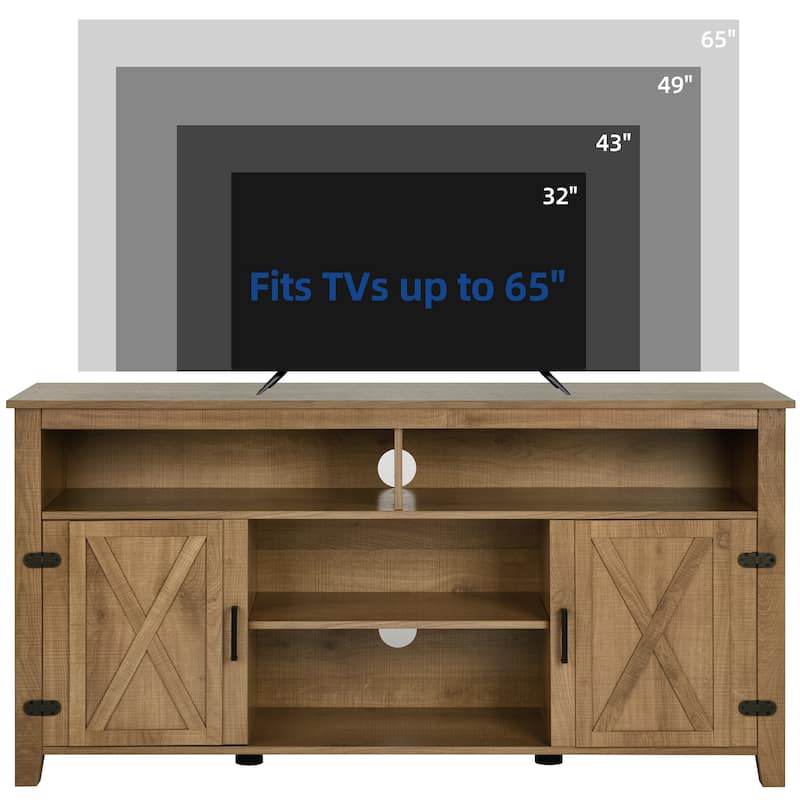 Moasis Farmhouse Barn Door Wood TV Stand with Power Outlet, Entertainment Center with Shelves for TV up to 65"