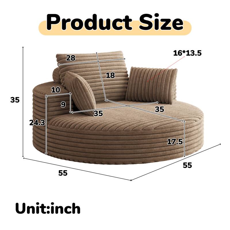 Oversized Swivel Accent Chair, Corduroy Round Lounge Sofa Chair, Upholstered Reading Armchair with Back Cushion & 2 Pillows