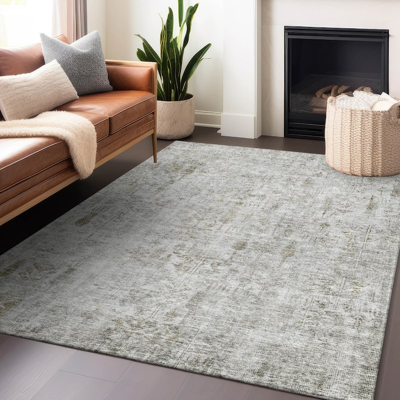 Machine Washable Indoor/ Outdoor Vintage Traditional Chantille Rug - Silver - 8' x 10'