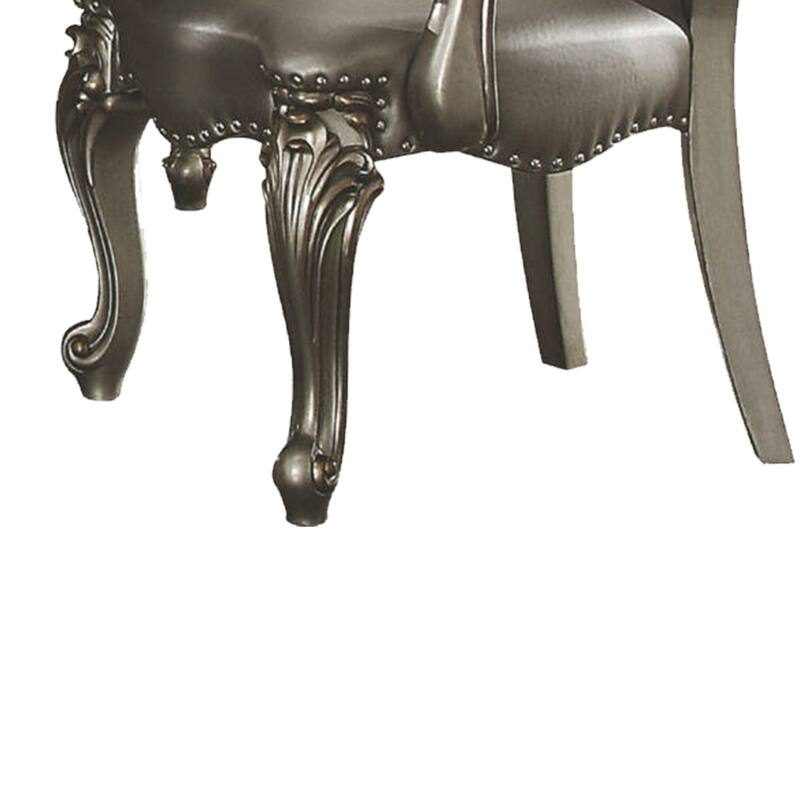 Wooden Arm Chairs with Fabric Upholstered Back and Leatherette Seat, Silver, Set of Two
