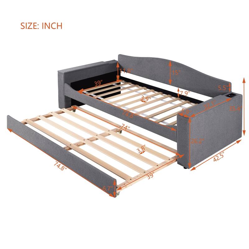 Twin Size Upholstered Daybed with Storage Armrests, Trundle and Latest Integrated Bluetooth Audio System, Teddy Fleece