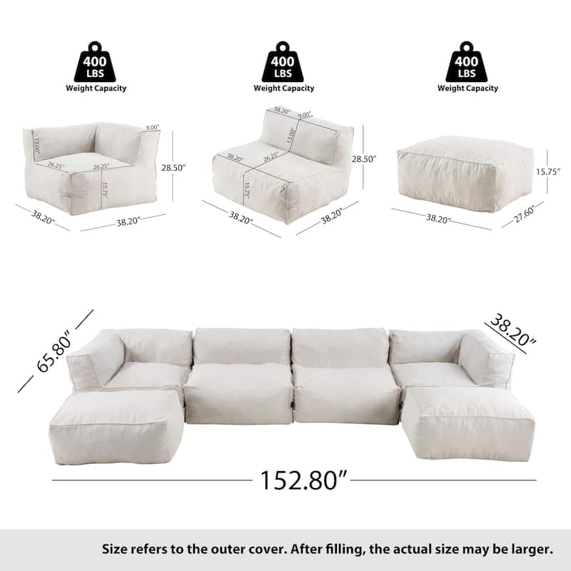 Christopher Knight Home - Nerissa 6-Piece Modular Outdoor/Indoor Bean Bag Sectional Sofa Set with Shredded Foam Filled & Ottoman