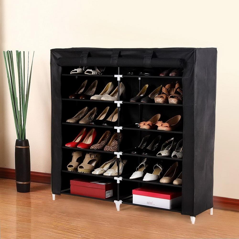 7 Tiers Portable Shoe Rack Closet Fabric Cover Shoe Storage Organizer Cabinet,Black