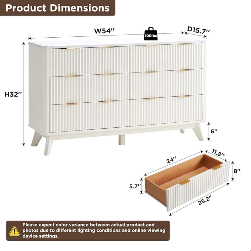 Modern Fluted 6 Drawers Dresser, Chest of Drawers, Dresser TV Stand