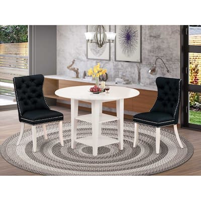 HomeStock 3-Pc Linen White Finish Round Solid Wood Top with Dropleaf Dining Table Set
