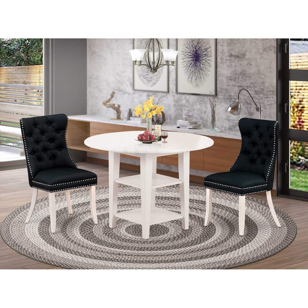HomeStock 3-Pc Linen White Finish Round Solid Wood Top with Dropleaf Dining Table Set