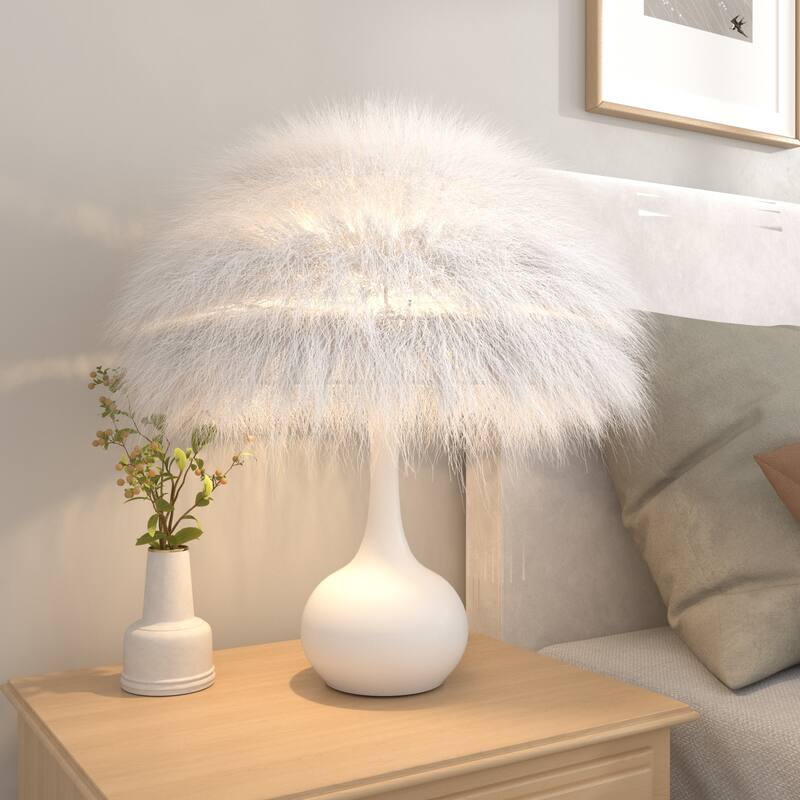 Acroma Teardrop Base Spherical Table Lamp with Feather Accents - White